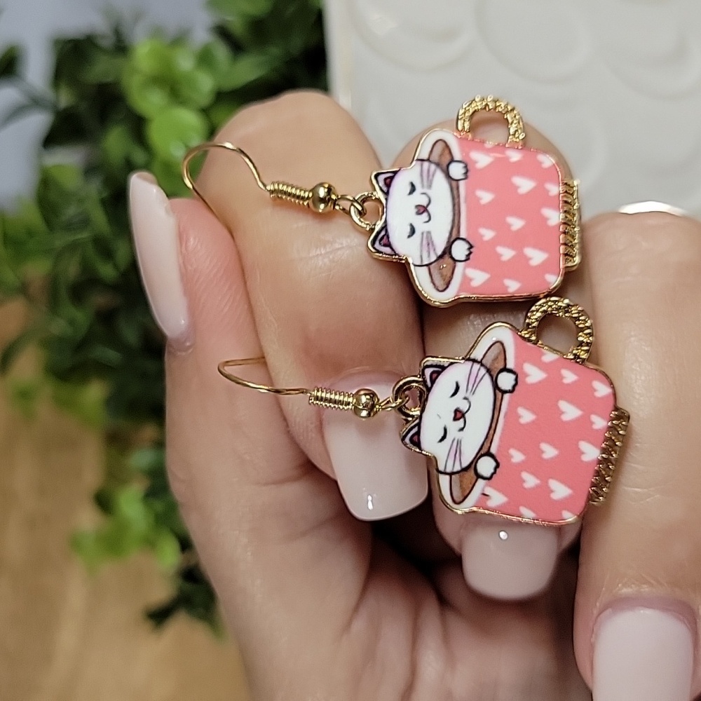White Cat Teacup Drop Earrings - Picture 4 of 5